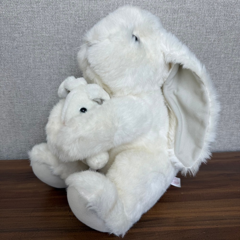 Vintage 1988 Fairview White Mother Rabbit Holding Baby Bunny Soft Fur Plush Toy